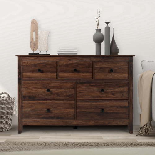 LAZZO 7 Drawer Farmhouse Dresser, Wood Storage Cabinet, Chest of Drawers for Bedroom, Living Room and Hallway, Brown