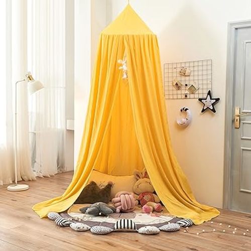 Bed Canopy for Kids, Round Dome Kids Mosquito Net Indoor Outdoor Castle Hanging House Decoration Reading Nook Kids Playing Home Decoration(Bright Yellow)