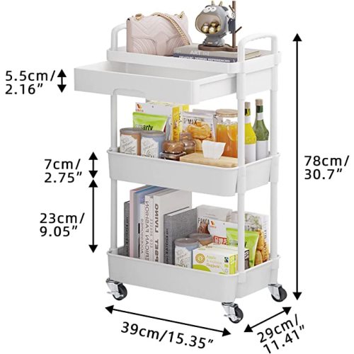 Calmootey 3-Tier Rolling Utility Cart with Drawer,Multifunctional Storage Organizer with Plastic Shelf & Metal Wheels,Storage Cart for Kitchen,Bathroom,Living Room,Office,White