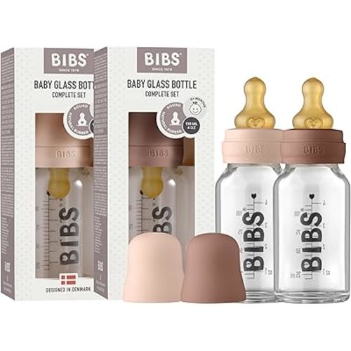 Bibs Baby Glass Bottle | Newborn Anti-Colic Baby Borosilicate Glass Bottles | Natural Vented Round Natural Rubber Latex Nipple | Consistent Flow Rate | 3.7 oz/110 ml | 2 Pack | Blush/Woodchuck