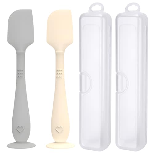 2 Pack Diaper Cream Spatula with Hygienic Travel Case, Baby Butt Paste Spatula with Suction Base, Soft Silicone Diaper Rash Cream Applicator Large Size (Gray & Offwhite)