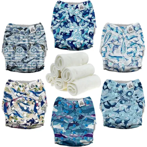 Mama Koala 3.0 Pocket Cloth Diapers for Babies with AWJ Lining, 6 Pack with 6 4-Layer Natural Cloth Diaper Inserts - Reusable and Washable Pocket Diapers(Whales)