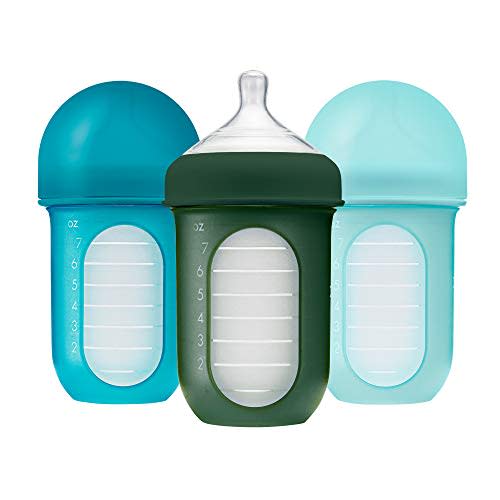 Boon Nursh Bottles - Silicone Baby Bottles Help Ease Colic Symptoms - Formula and Breast Milk Only Touch Food-Grade Silicone - Medium Flow - 8 Oz - Blue
