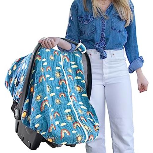 Bebe au Lait Classic Muslin Car Seat Cover -Perfect Baby Car Seat Covers for Babies, Car Seat Canopy, Unisex Baby Car Seat Cover- Easy Snap Straps, Fully Zippered Opening, Breathable- Hello Sunshine