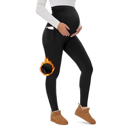 UBCUTE Maternity Fleece Lined Leggings with Pockets Over Belly,Thermal Womens Pregnancy Workout Pants Warm Winter