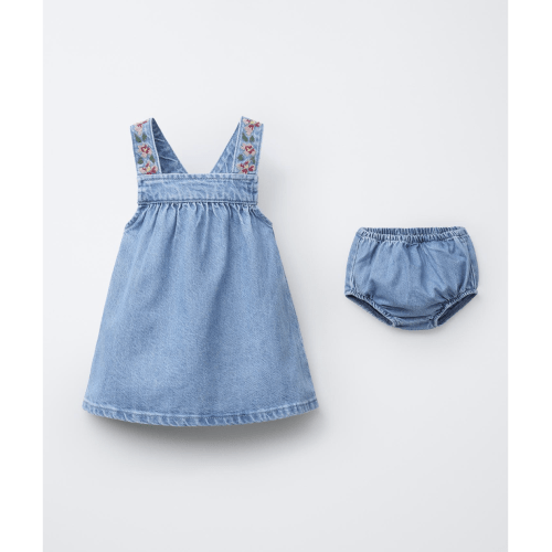 EMBROIDERED DENIM PINAFORE DRESS AND BLOOMERS - Blue | ZARA United States