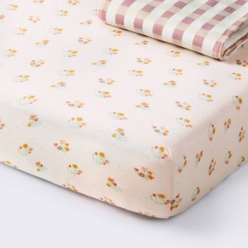 2pk Fitted Cotton Blend Jersey Crib Sheets - Floral Gingham Pink - Cloud Island™