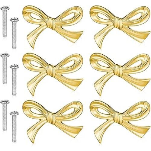 Gold Bow Knobs for Dresser 6 Pcs Bow Drawer Knobs, Solid Brass Cabinet Bows Decorative Drawer Pulls, Vintage Elegant Bows Knob Dresser Handle for Home Kitchen Cabinet