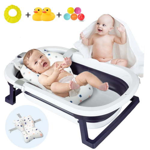 Yabanana Baby Bathtub with Pad for Newborn, Anti Slip Floating Bathing Tub Seat Baby Bath Infant Bathtub Support Cushion Net for Baby(Blue+Cushion)