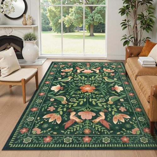 Moynesa Floral Bird 6x9 Green Area Rug for Living Room Bedroom Dining Room, Vintage Home Decorations for Modern Cottage Farmhouse Aesthetic Open Areas,Comfort Floor Protection Non-Slip Washable
