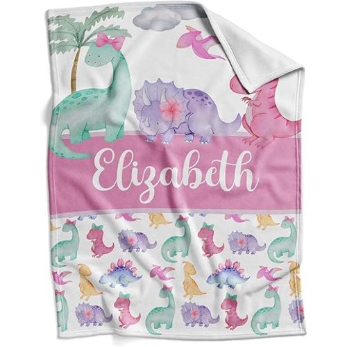 Dinosaur Custom Baby Blankets for Girls, Personalized Baby Girl Gifts, Customized Newborn Blanket with Name, Minky Plush Fleece
