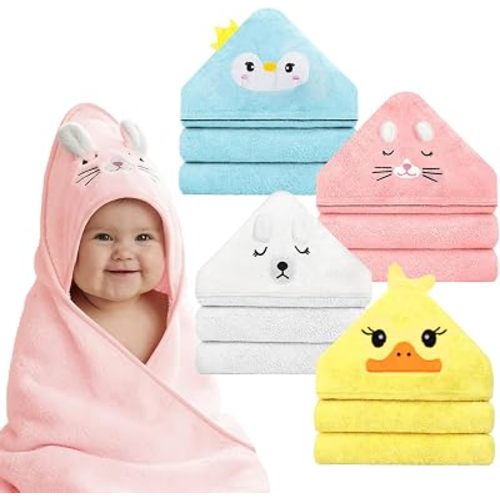 Hooded Baby Towel Set, 32x32 Inch Absorbent Bath Towels, 4 PCS Soft Hooded Towels, Perfect for Newborns, Toddlers, Babies, Essential Baby Bath Accessories (Pink + Blue + White + Yellow)