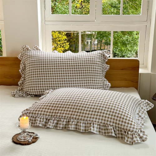 Tan Ruffled Plaid Gingham Pillow Shams 20"x36", Set of 2 Taupe Checked Pre-Washed Microfiber Farmhouse Pillowcases for Bed/Sofa (20"x36", Tan Gingham)