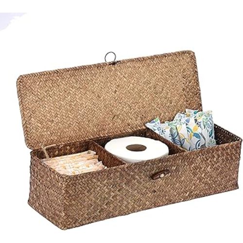 Sumnacon Extended Seagrass Storage Basket with Lid 3-Section Wicker Storage Basket,Small Woven Shelf Basket for Toiletries Tampon Storage,Seagrass Basket for Shelf Bathroom Toilet Counter,Coffee