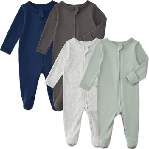 Aablexema Baby Pajamas with Mitten Cuffs Zipper 4-Pack Infant Newborn Cotton Long Sleeve Footie Outfit