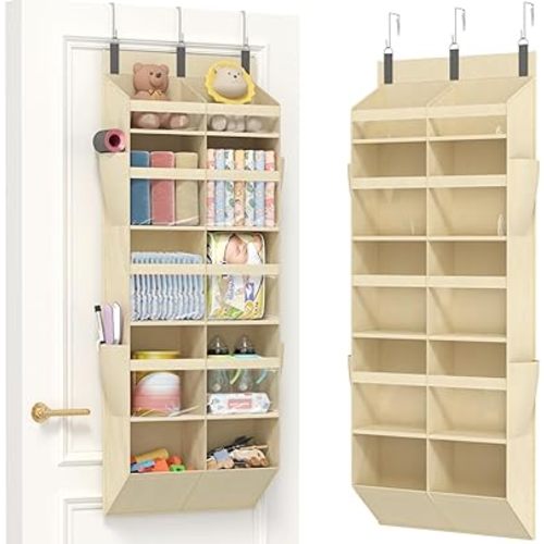 Lifewit 1 Pack Over the Door Organizer, 10 Section Clear Window Hanging Storage with 4 Side Pockets, Sturdy Anti Tilt 40 lbs Load Behind Door for Closet, Bedroom, Bathroom, Nursery, Dorm, Beige