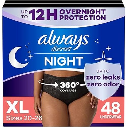 Always Discreet Adult Incontinence Overnight Underwear for Women, Extra Large, Up to 100% Bladder Leak Protection, 48 Count (3 Packs of 16)