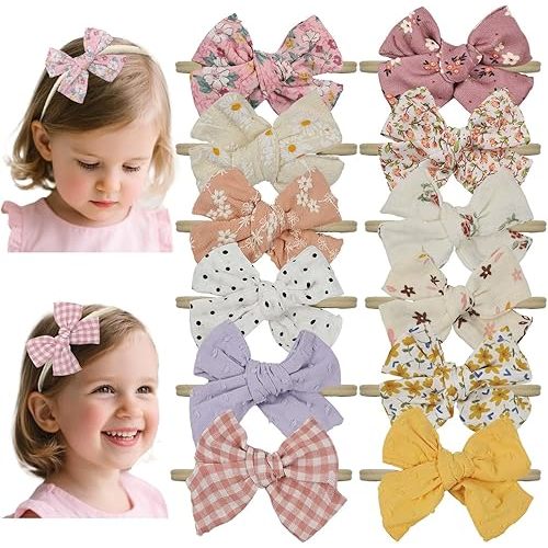 Esumun Baby Girls Floral Hair Bow Headbands 12 PCS, Flower Bow Stretchy Elastic Hairband for Newborn Infant Toddlers (pink NB 12 pcs)