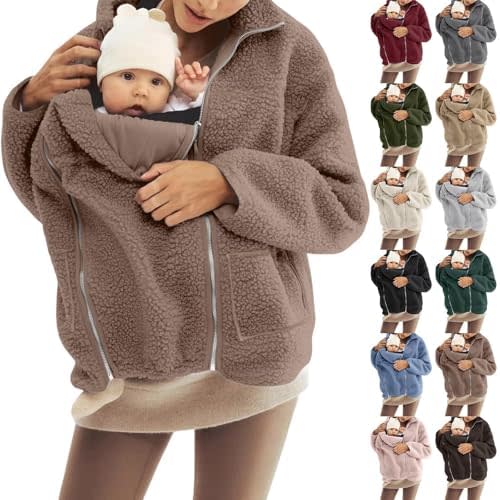 Women's Fleece Jacket Zip Up 2 in 1 Baby Wearing Winter Coat Thiken Warm Outerwear with Baby Carrier Pocket