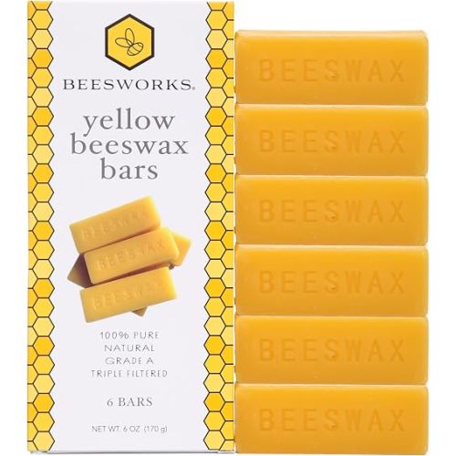 Beesworks Yellow Beeswax Bars (6 oz) | 100% Pure, Cosmetic Grade, Triple-Filtered Beeswax for DIY Skin Care, Lip Balm, Lotion and Candle Making (1 oz Bars - Pack of 6)