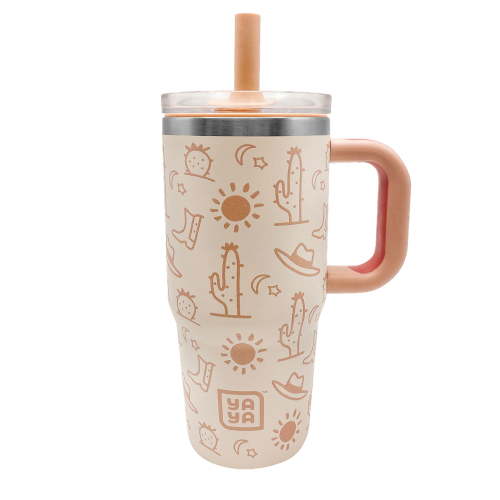 YAYA My First Travel Tumbler for Preschool & Kids 3+, Insulated Stainless Steel Tumbler with Reusable Silicone Straw & Spill-Proof Lid, Cup Holder Compatible, BPA-Free, 12oz, Western