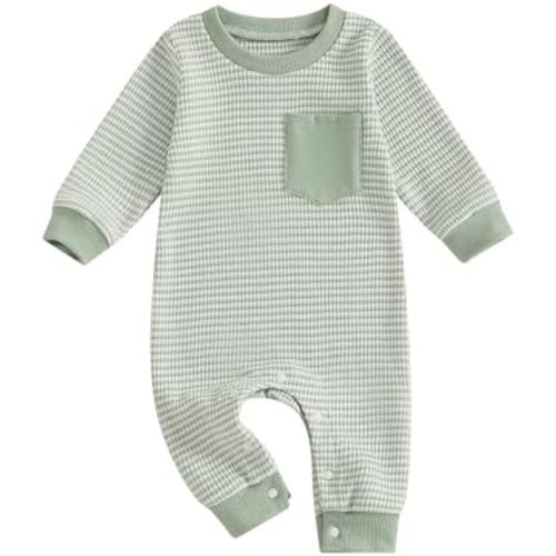VISGOGO Newborn Infant Baby Boy Waffle Cotton Romper Clothes Onesie Stripe Jumpsuit 0 3 6 12 18 Months Long Sleeve Outfits