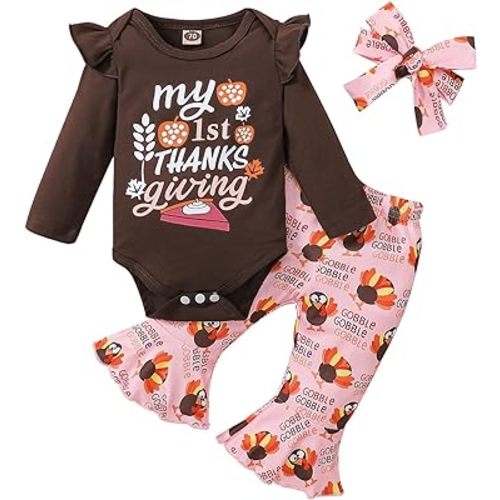 My First Thanksgiving Baby Girl Outfits 1st Thankgiving Gifts Turkey Romper Cute Polka Dot Bell Bottom Pants Headband