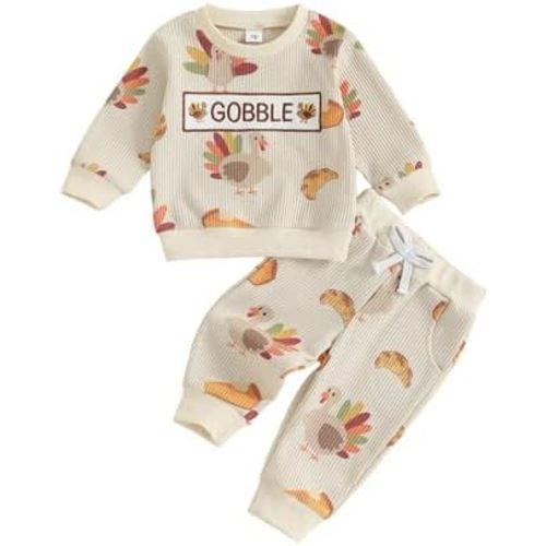 Unisex Baby Toddler Thanksgiving Outfits Waffle Knit Long Sleeve Gobble Print Sweatshirt + Elastic Pants 2 Pcs Set