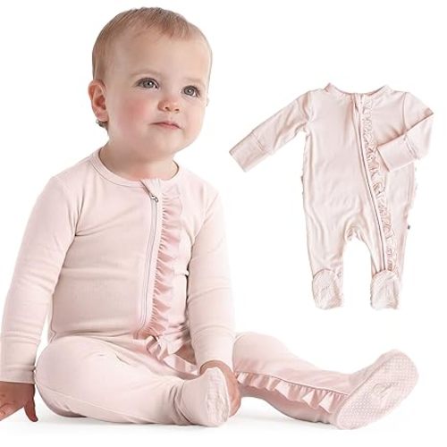 Caden Lane Zippered Baby Footie Pajamas, Soft Onesie Bodysuit with Feet & Double Zipper for Easy Diaper Change, Infant, and Toddler Footed One-Piece Jumpsuit, Pale Pink, 0-3 Months