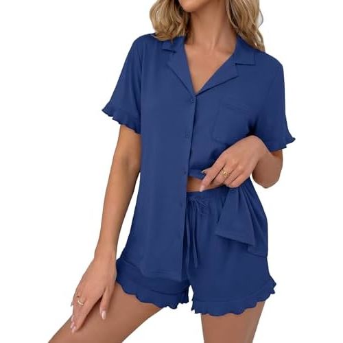 Ekouaer Pajamas Set for Women Button Down Pjs Lounge Sets Ruffle Short Sleeve Sleepwear Cute Loungewear