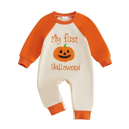 Baby Boy Halloween Outfit Letter Ghost Pumpkin Embroidery Jumpsuit | My First Halloween Baby Boy Outfit, Long Sleeve, Snap Crotch Design, Little Boo, Pumpkin Patch, Great For Halloween Party