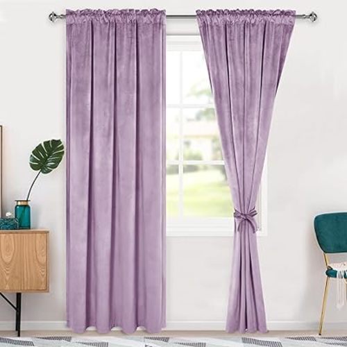 Hiasan Velvet Curtains 84 inch Blackout Rod Pocket Thermal Insulated Soft Curtains Room Darkening Window Drapes with Tiebacks for Bedroom Living Room, Set of 2 Panels, 42W x 84L, Purple