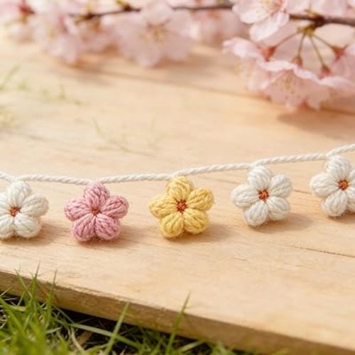 Boho Felt Daisy Garland 7.2FT Knitting Yarn Floral Banner Handmade Crochet Daisy Hanging Garland for Baby Girl Nursery Room Decor Pink White Yellow Flower Spring Birthday Party Groovy Wall Decorations