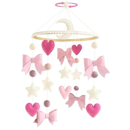 Baby Mobile for Crib Pink Bow Baby Crib Mobile for Girls Handmade Coquette Bow Nursery Decor for Infant Bedroom Hanging Pink Girls Room Decor for Bassinet Gender Reveal Newborn Gifts