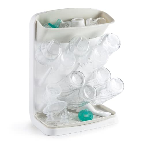 Ubbi Vertical Baby Bottle Drying Rack, Space Saving Countertop Bottle Dryer | 13-Peg Bottle Drying Rack Removable Drain Tray, Baby Organizer for Pump Parts, Pacifiers & Accessories, Dishwasher Safe, Oat