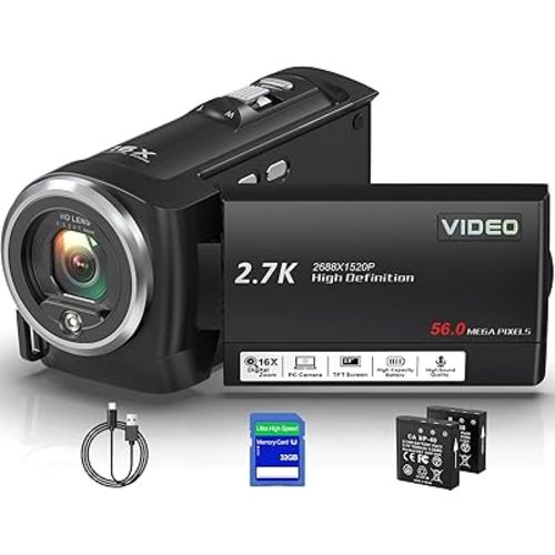Camcorder Video Camera QHD 2.7K 56MP 16X Digital Zoom Vlogging Camera with LED Fill Light for YouTube, 2.8 Inch 270 Degree Rotation LCD Screen Camcorder with 32GB SD Card and Two Batteries