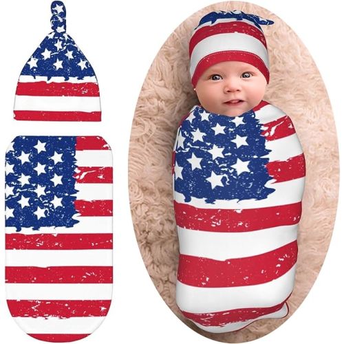 American Flag Newborn Swaddle Blankets Baby Stuff Soft Swaddling Blanket With Beanie Sets Gifts For Infant Boys Girls