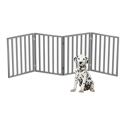 Pet Gate - 4-Panel Indoor Foldable Dog Fence for Stairs, Hallways, or Doorways - 72x24-Inch Retractable Wood Freestanding Dog Gates by PETMAKER (Gray)