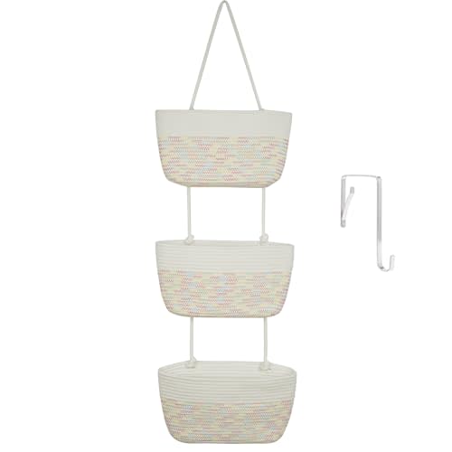 TeoKJ Over the Door Hanging Basket, 3-Tier Woven Cotton Wall-Mounted Storage Organizer Bag Decorative Hanging Nursery Baskets, White & Rainbow Stitching
