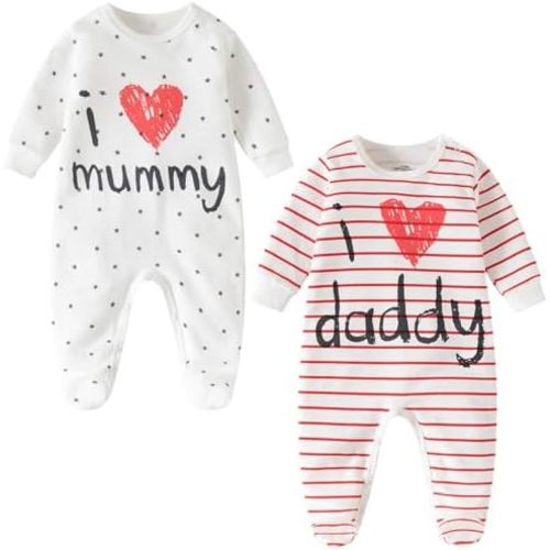 AOMOMO 2-Pack Baby Clothes Newborn Bodysuits I Love Daddy &Mummy Romper, Cotton Footed Pajamas for Baby Boys and Girls
