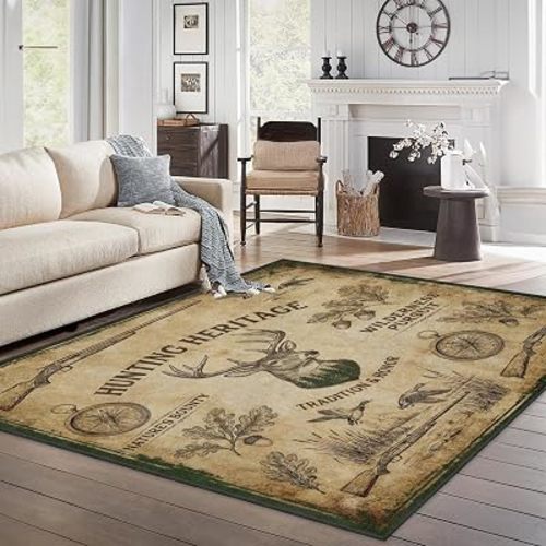 5x7 Area Rugs, Washable, Non Slip Backing, Deer Vintage