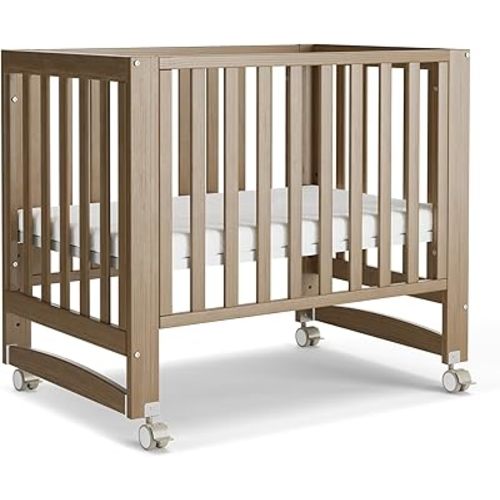 MAMAZING EvoNest Baby Crib, 6 in 1 Convertible Mini Crib with Wheels, 100% New Zealand Pinewood Growing Bed, 4 Adjustable Mattress Height,GREENGUARD Gold Certified, Teakwood