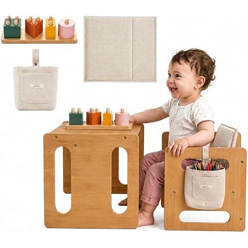 Montessori Weaning Table & Chair Set – Kids Desk & Activity Table with Flip Chair, Removable Cushion, Hanging Pouch & Toy, Convertible, Indoor/Outdoor Toddler Dining, Play & Learning