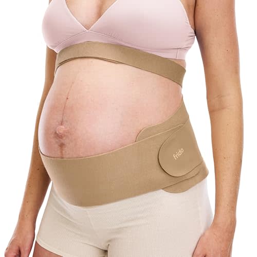 Frida Mom Dual Support Pregnancy Belly Band S/M, Maternity Belly Band with Ultimate Support Back, Hip & Pelvic, Adjustable, Lightweight, Breathable & Comfy, Supports Bump as Baby Grows, Clay