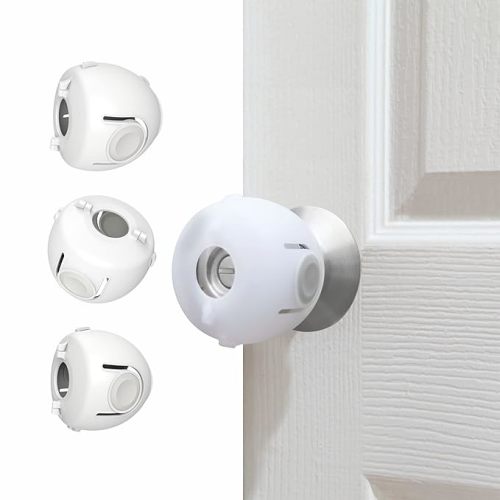 Child Proof Door Knob Covers, 4-Pack, White - Baby Safety Door Knob Covers for Toddlers, Snap-in Design for Easy Install, Durable & Non Toxic, Fits Standard Round Knobs