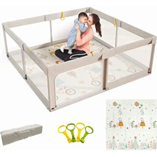 Mloong Baby Playpen with Mat, 59x59 Inches Extra Large Playpen for Babies and Toddlers, Indoor & Outdoor Activity Center, Safety Baby Fence with Gate