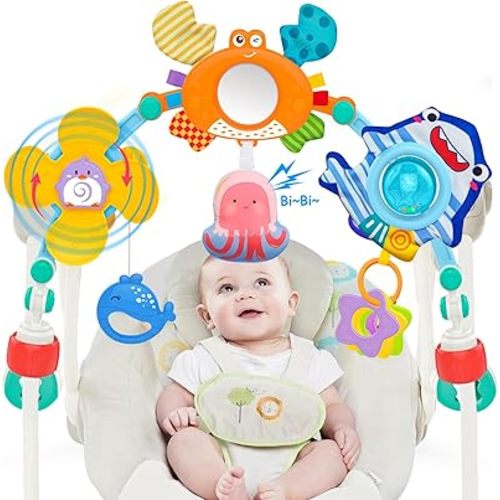 Baby Stroller Arch Toys with Baby Mirror for Infant 0-3-6-12 Month Carseat Bouncer Montessori Toy for Babies Shower Easter Gifts for Newborn 0-6 Month Sensory Development for 4 5 7 8 Months Boys Girls