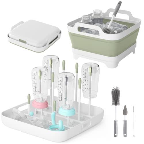 Volnamal Collapsible Wash Basin with Drying Rack & Drain Plug (Green) | Portable 2.4 Gal Dish Tub, Foldable Basin for Baby Bottles, Vegetable, Camping Sink, Kitchen, RV, Camp, Outdoor Space-Saving