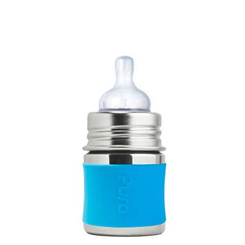 Pura Kiki 5oz/150ml Stainless Steel Anti-Colic Infant Bottle w/Silicone Natural Vent Nipple & Sleeve, 100% Plastic-Free, MadeSafe Certified, Medical-Grade Silicone - Aqua