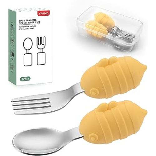 Baby Fork and Spoon Set with Carry Case Baby Training Utensils Self Feeding Toddler Silverware Silicone and Stainless Steel Kids and Toddler Utensil Set-Bees